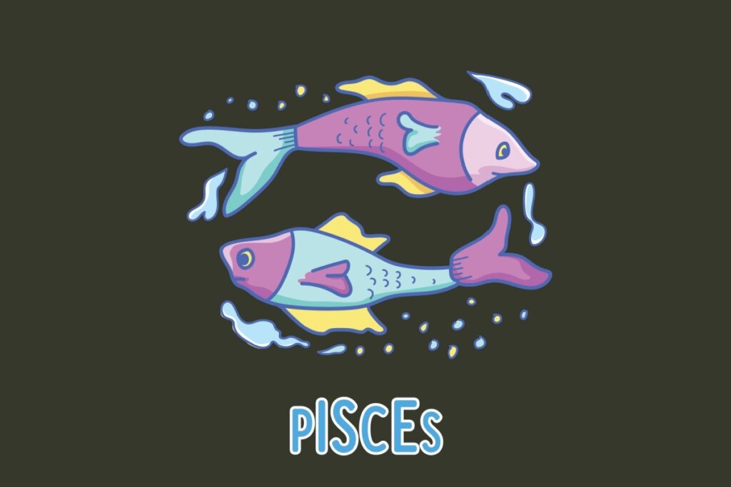 Tarot do dia: previsão para os 12 signos em 25/03/2026 70 Ilustração estilizada do signo de Peixes sobre fundo escuro. Dois peixes coloridos nadam em sentidos opostos, formando um círculo. O peixe superior é lilás com detalhes em rosa e nadadeiras azuis e amarelas; o inferior é azul claro com cabeça lilás e nadadeiras amarelas e rosas. Pequenas bolhas e respingos de água azuis e amarelos circundam os animais. Abaixo, a palavra "PISCES" em letras azuis com contorno branco.