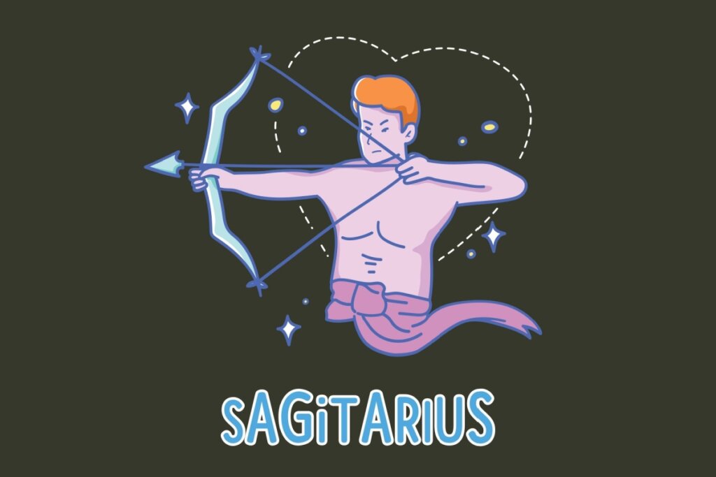 Tarot do dia: previsão para os 12 signos em 25/03/2026 67 Ilustração do signo de Sagitário mostrando um arqueiro da cintura para cima. O personagem possui pele rosada, cabelos laranjas e segura um arco azul esticado, apontando uma flecha para a esquerda. Atrás dele, há o contorno de um coração feito com linhas pontilhadas brancas, além de pequenas estrelas e faíscas ao redor. Abaixo, a inscrição "SAGITTARIUS" em azul e branco.