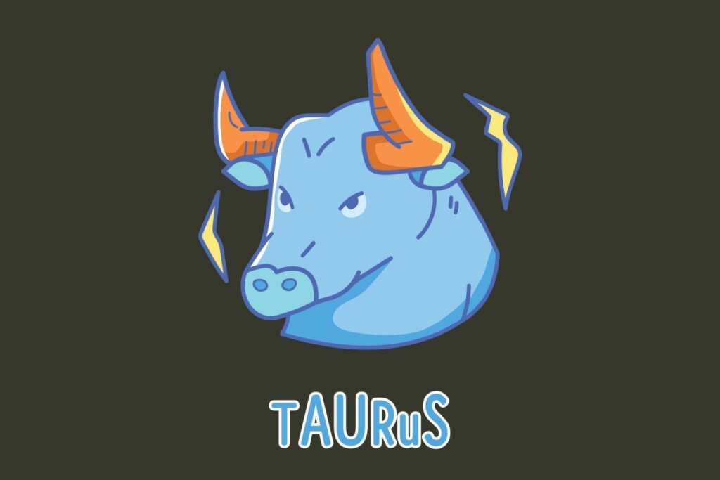 Tarot do dia: previsão para os 12 signos em 25/03/2026 60 Ilustração do signo de Touro focada na cabeça de um touro azul com expressão brava e olhos semicerrados. O animal possui chifres robustos e pontiagudos na cor laranja com detalhes amarelos. Dois elementos gráficos amarelos que lembram faíscas ou raios aparecem nas laterais da cabeça. Abaixo, a palavra "TAURUS" escrita em letras azuis com bordas brancas.