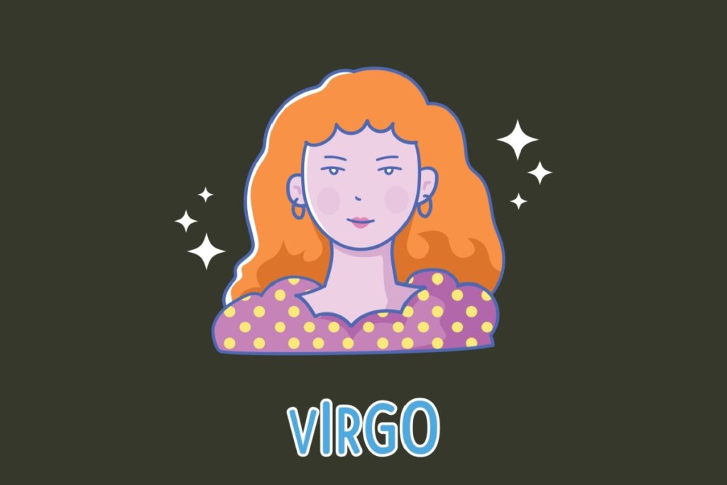 Tarot do dia: previsão para os 12 signos em 25/03/2026 64 Ilustração do signo de Virgem apresentando o busto de uma mulher jovem de pele clara e longos cabelos ondulados na cor laranja. Ela veste uma blusa roxa com estampa de bolinhas amarelas e usa brincos de argola azuis. Ao redor de sua cabeça, brilham pequenas estrelas brancas de quatro pontas. Na parte inferior, lê-se a palavra "VIRGO" em azul com contorno branco.