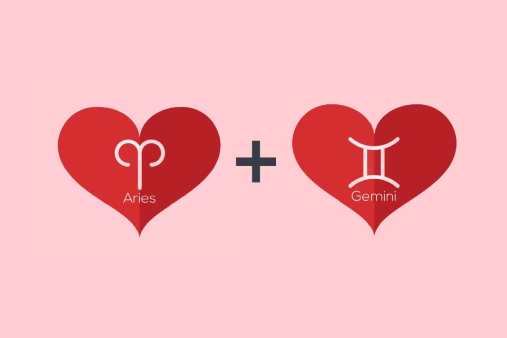 Áries no amor: veja a combinação dos arianos com os 12 signos 56 Dois corações vermelhos em um fundo rosa, um com o símbolo de Áries em formato de “V” curvado e outro com o símbolo de Gêmeos representado por duas linhas verticais paralelas unidas por traços horizontais, com um sinal de adição preto entre eles