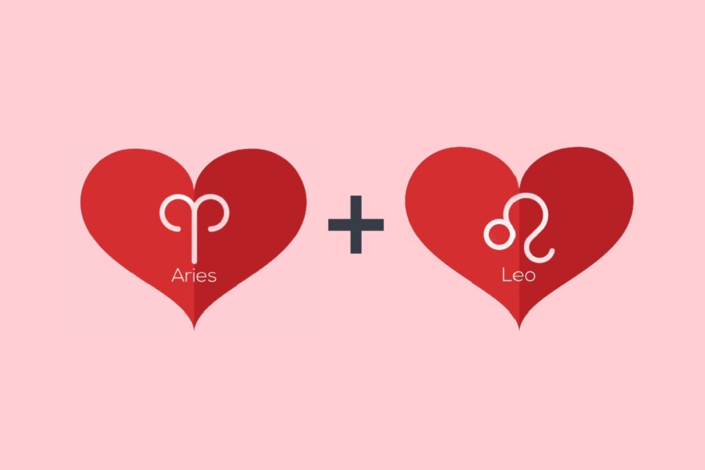 Áries no amor: veja a combinação dos arianos com os 12 signos 58 Dois corações vermelhos em um fundo rosa, um com o símbolo de Áries em formato de “V” curvado e outro com o símbolo de Leão que parece um círculo com uma curva prolongada semelhante a uma cauda, com um sinal de adição preto entre eles