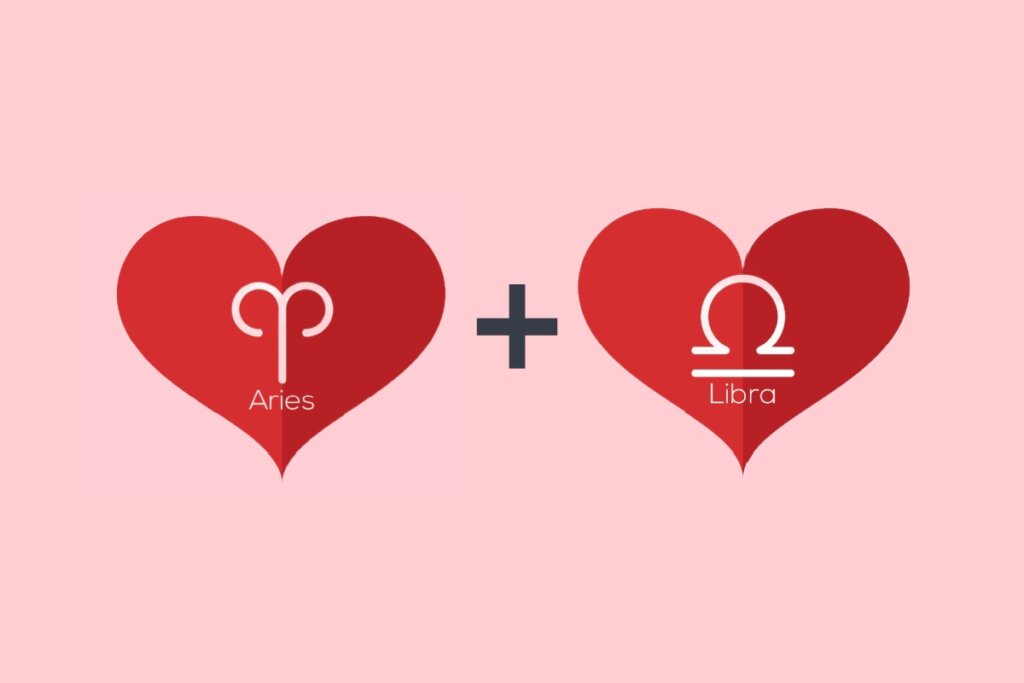 Áries no amor: veja a combinação dos arianos com os 12 signos 60 Dois corações vermelhos em um fundo rosa, um com o símbolo de Áries em formato de “V” curvado e outro com o símbolo de Libra que lembra uma balança com um traço horizontal e uma curva sobreposta, com um sinal de adição preto entre eles