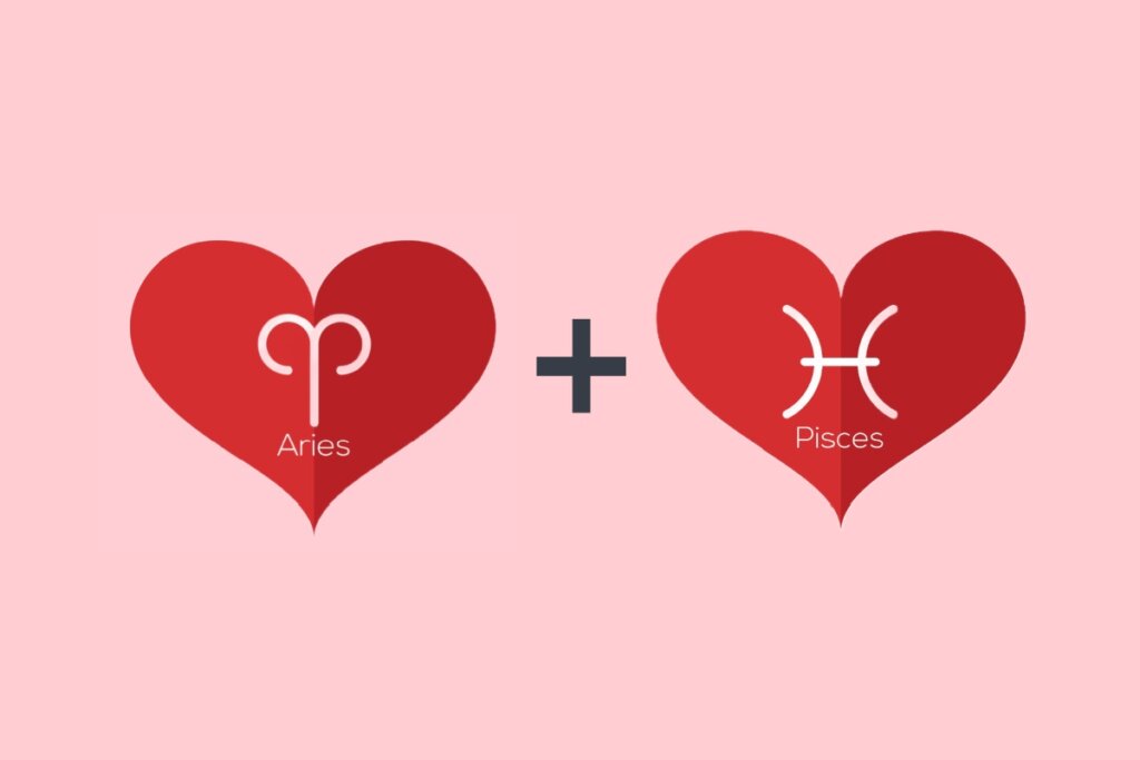 Áries no amor: veja a combinação dos arianos com os 12 signos 65 Dois corações vermelhos em um fundo rosa, um com o símbolo de Áries em formato de “V” curvado e outro com o símbolo de Peixes representado por duas curvas simétricas unidas por uma linha reta no centro, com um sinal de adição preto entre eles