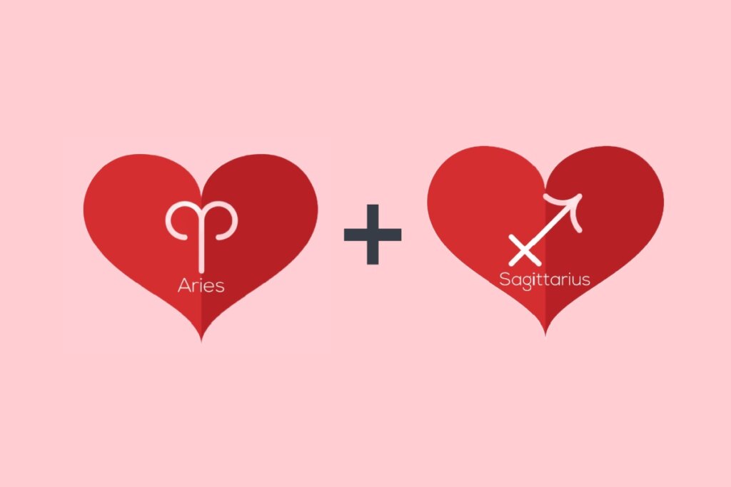 Áries no amor: veja a combinação dos arianos com os 12 signos 62 Dois corações vermelhos em um fundo rosa, um com o símbolo de Áries em formato de “V” curvado e outro com o símbolo de Sagitário que lembra uma seta apontando para cima com uma linha cruzando sua haste, com um sinal de adição preto entre eles