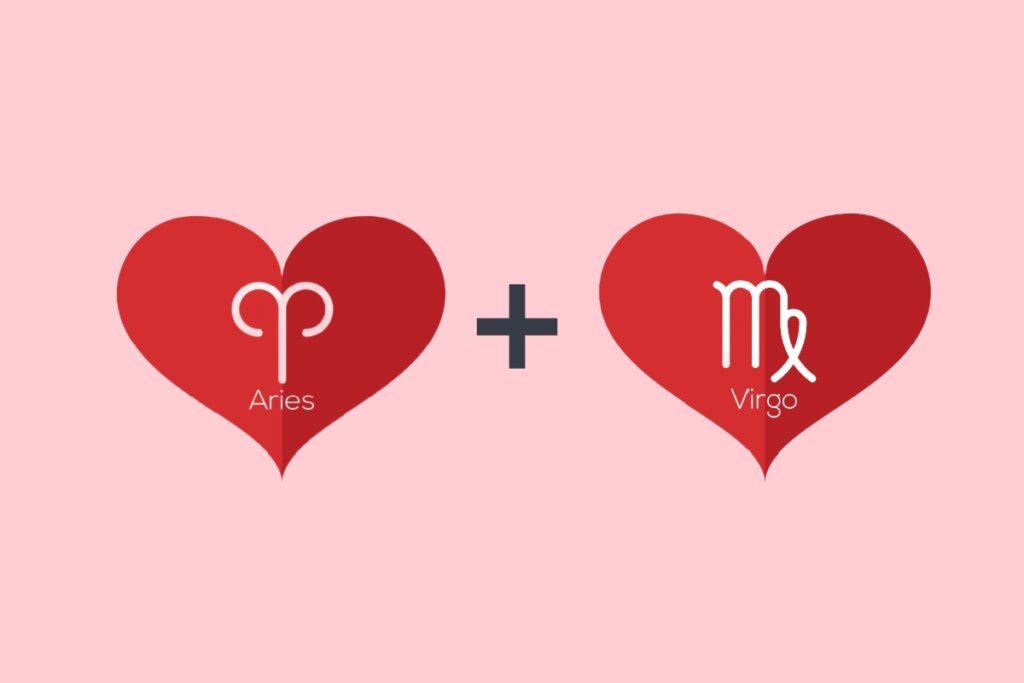 Áries no amor: veja a combinação dos arianos com os 12 signos 59 dois corações vermelhos com os símbolos de Áries e Virgem no centro, separados por um sinal de adição, sobre um fundo rosa