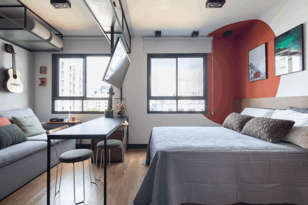 Apartamento pequeno: 9 erros que fazem os espaços parecerem menores 5 Quarto com sala integrada, móveis em tons de cinza, com TV presa em prateleira e dividindo os ambientes, a parede é branca com um círculo laranja em destaque com quadros na parede e duas janelas ao fundo