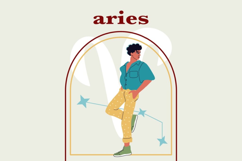 Signo de Áries: personalidade, qualidades e desafios dos arianos 5 Ilustração de um homem com o símbolo e a constelação do signo de áries ao fundo. Em cima, o nome do signo