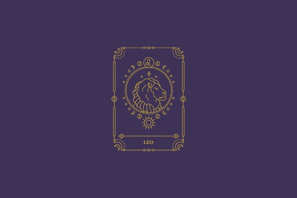 Baralho cigano: conheça a carta de cada signo do zodíaco 63 Ilustração do signo de leão em dourado com detalhes na mesma cor ao redor. Fundo roxo-escuro