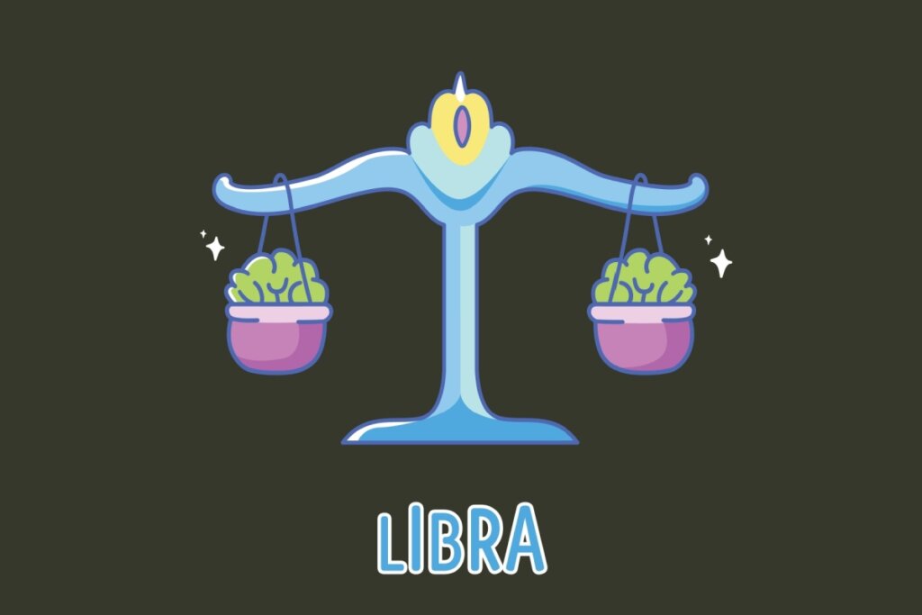 Tarot do dia: previsão para os 12 signos em 25/03/2026 65 Ilustração do signo de Libra representando uma balança de pratos na cor azul claro. Em cada prato roxo da balança, há uma figura verde que remete a um cérebro, mantendo o equilíbrio perfeito entre os dois lados. Pequenas estrelas brancas decoram as laterais do objeto. Abaixo, a palavra "LIBRA" escrita em azul com bordas brancas.