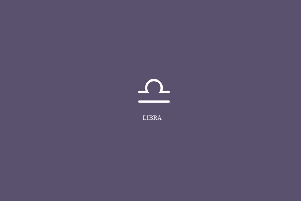 Horóscopo do dia: previsão para os 12 signos em 19/03/2026 65 Ilustração do signo de libra, na cor branca e com o nome embaixo, centralizado em um fundo roxo