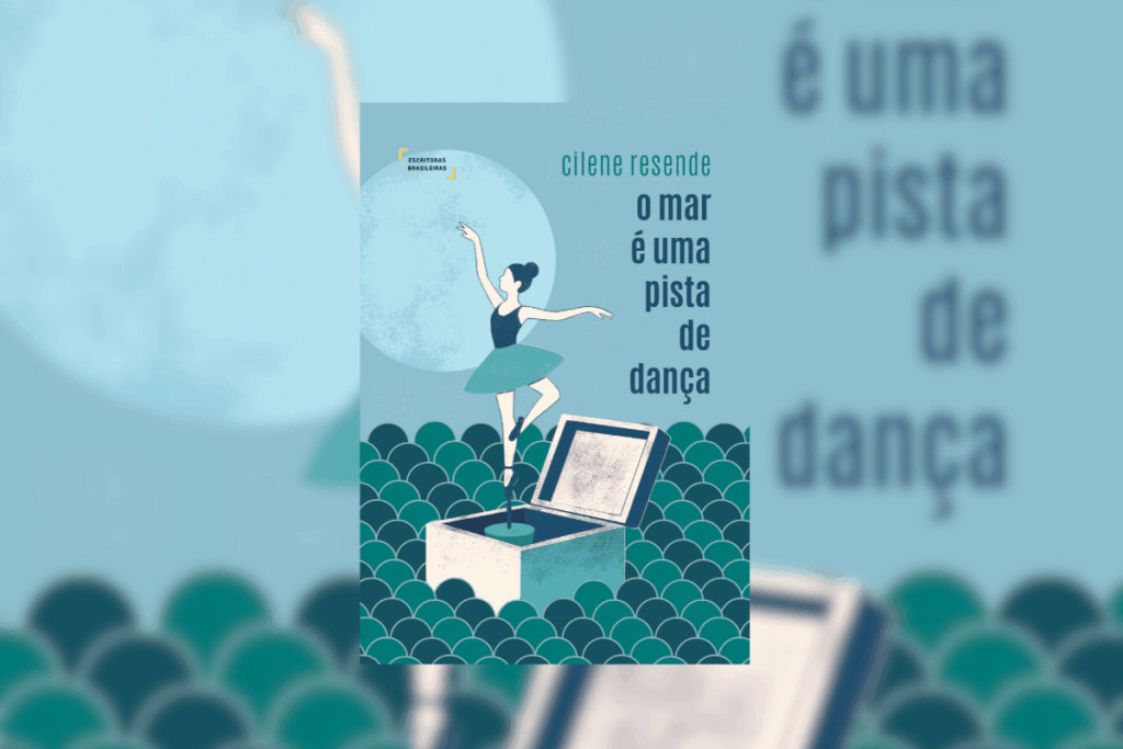 Capa de livro em tons de azul e branco com o título e nome da autora e com ilustração de uma caixinha de música com bailarina no meio das ondas do mar