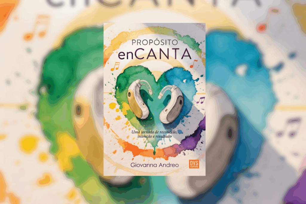 Capa de livro branca com título e nome da autora, com dois aparelhos de surdez formando um coração e no fundo um coração colorido em aquarela 