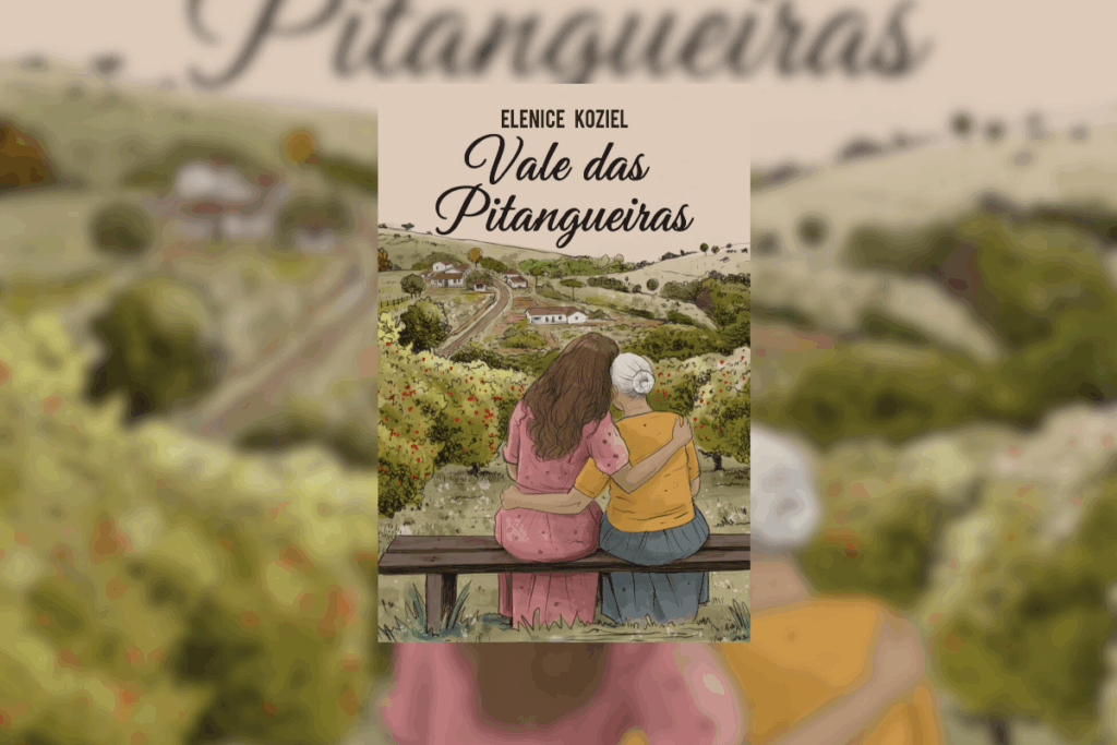 Capa de livro com título e nome da autora, com ilustração de mulher mais jovem com o cabelo castanho usando vestido rosa, abraçada com mulher mais velha com cabelo branco, usando camiseta amarela e saia azul admirando a paisagem chega de árvores e plantações