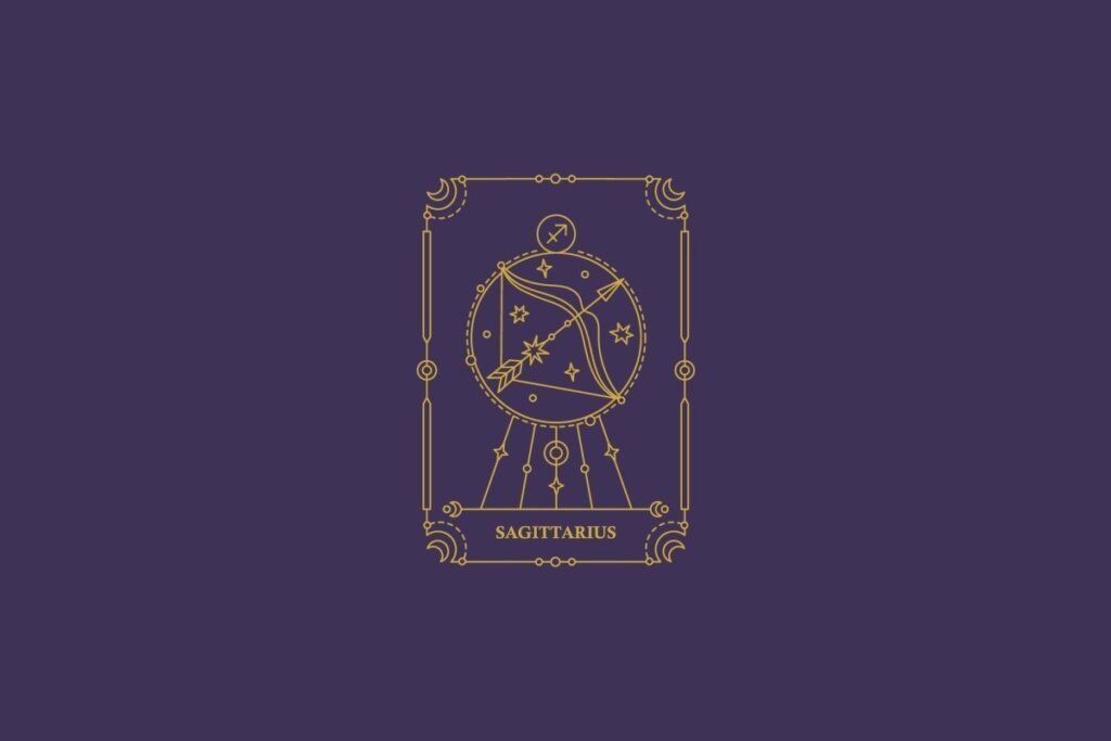 Baralho cigano: conheça a carta de cada signo do zodíaco 67 Ilustração do signo de sagitário em dourado com detalhes na mesma cor ao redor. Fundo roxo-escuro