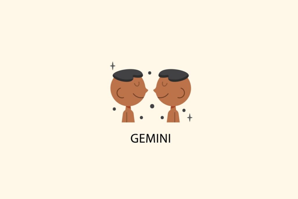 Tarot mensal: previsões para os 12 signos em abril 61 Ilustração do signo de Gêmeos, em fundo bege-claro, contendo duas figuras humanas de pele marrom e cabelos pretos, voltadas uma para a outra e sorrindo