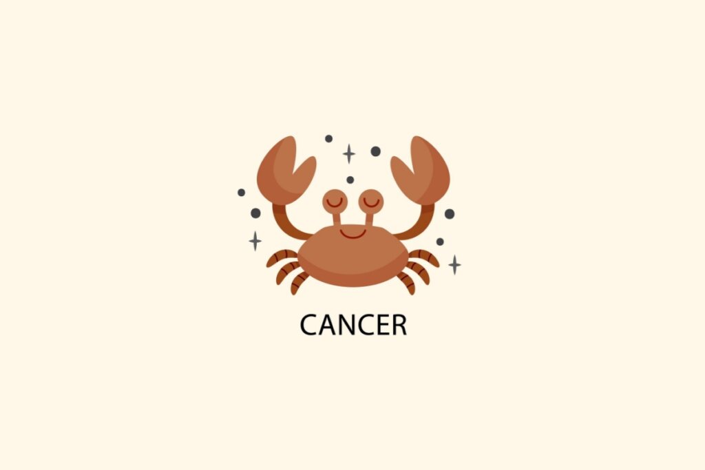 Tarot mensal: previsões para os 12 signos em abril 62 Ilustração do signo de Câncer, em fundo bege-claro, contendo um caranguejo marrom com pinças levantadas