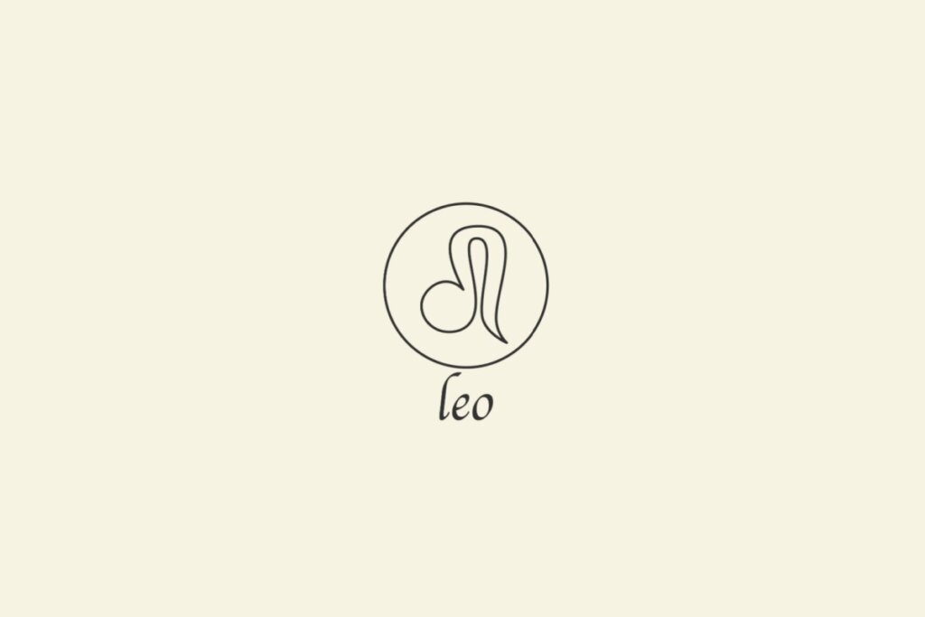 Ilustração do signo de Leão, em fundo bege, contendo uma curva circular à esquerda ligada a um traço vertical que se estende suavemente para cima e depois desce