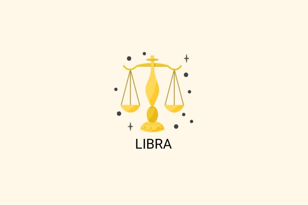 Tarot mensal: previsões para os 12 signos em abril 65 Ilustração do signo de Libra, em fundo bege-claro, contendo uma balança amarela equilibrada
