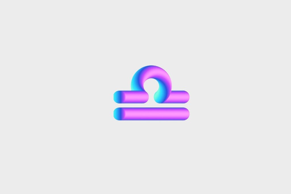 Ilustração do signo de Libra, em fundo cinza, contendo o símbolo em formato 3D com gradiente azul, roxo e rosa, representado por duas barras horizontais com semicírculo voltado para cima sobre a barra superior