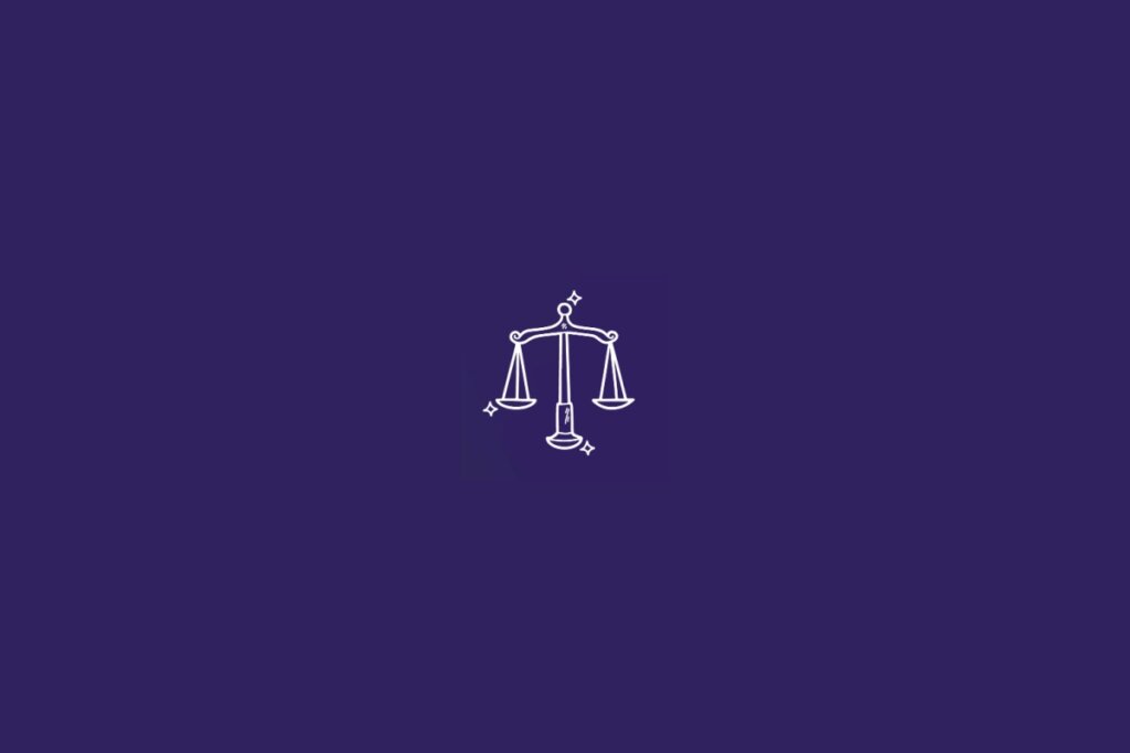 Ilustração do signo de Libra em branco em um fundo roxo