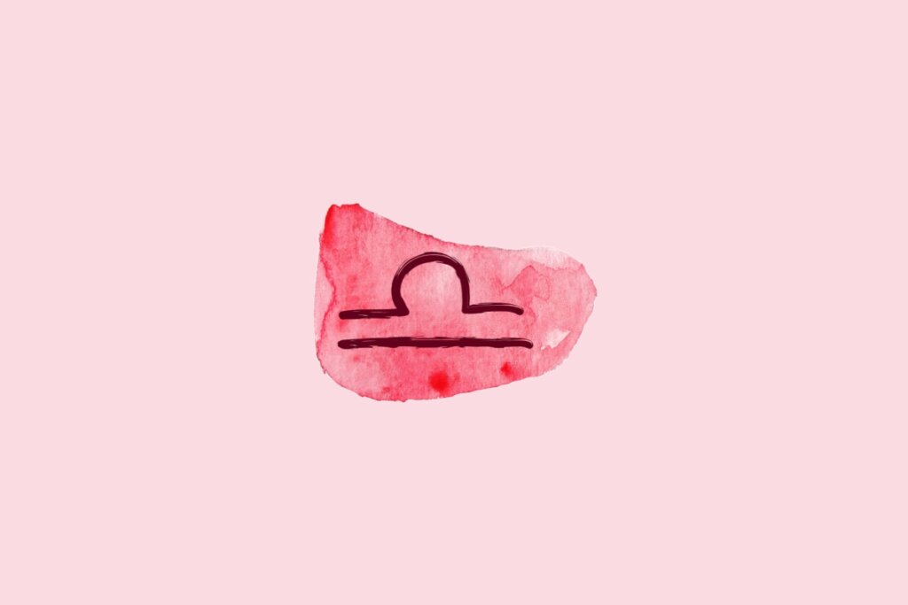 Ilustração do signo de Libra contendo o símbolo de uma linha horizontal com um semicírculo acima representando uma balança em aquarela rosa sobre fundo rosa-claro