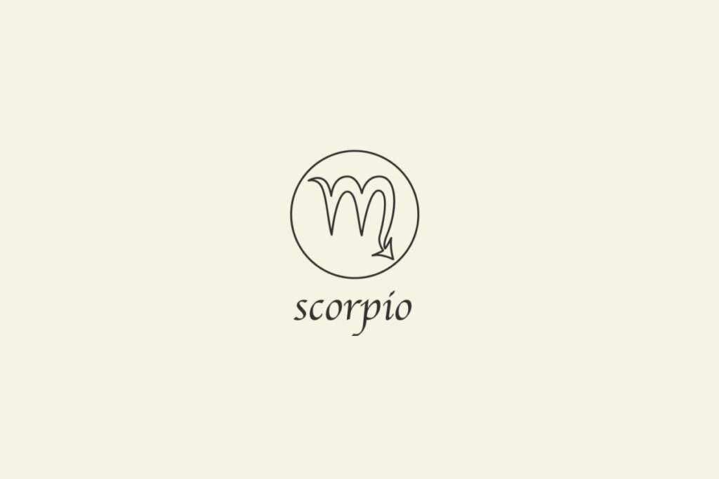 Ilustração do signo de Escorpião, em fundo bege, contendo símbolo semelhante à letra “M” com uma cauda curva em forma de seta para a direita
