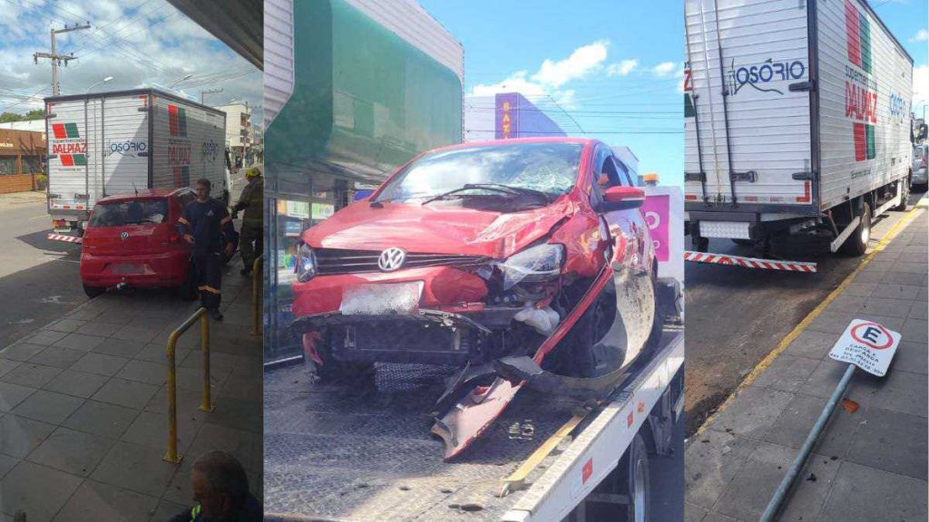 Acidente em Osório: carro invade calçada e bate em caminhão