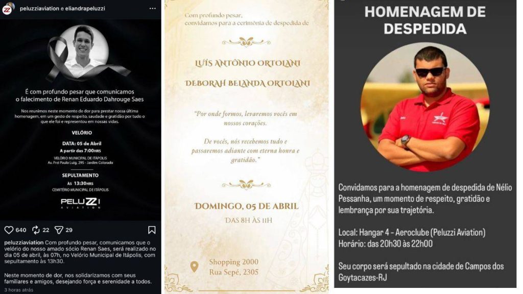 Vítimas de acidente aéreo serão veladas no Litoral do RS e outros 2 estados