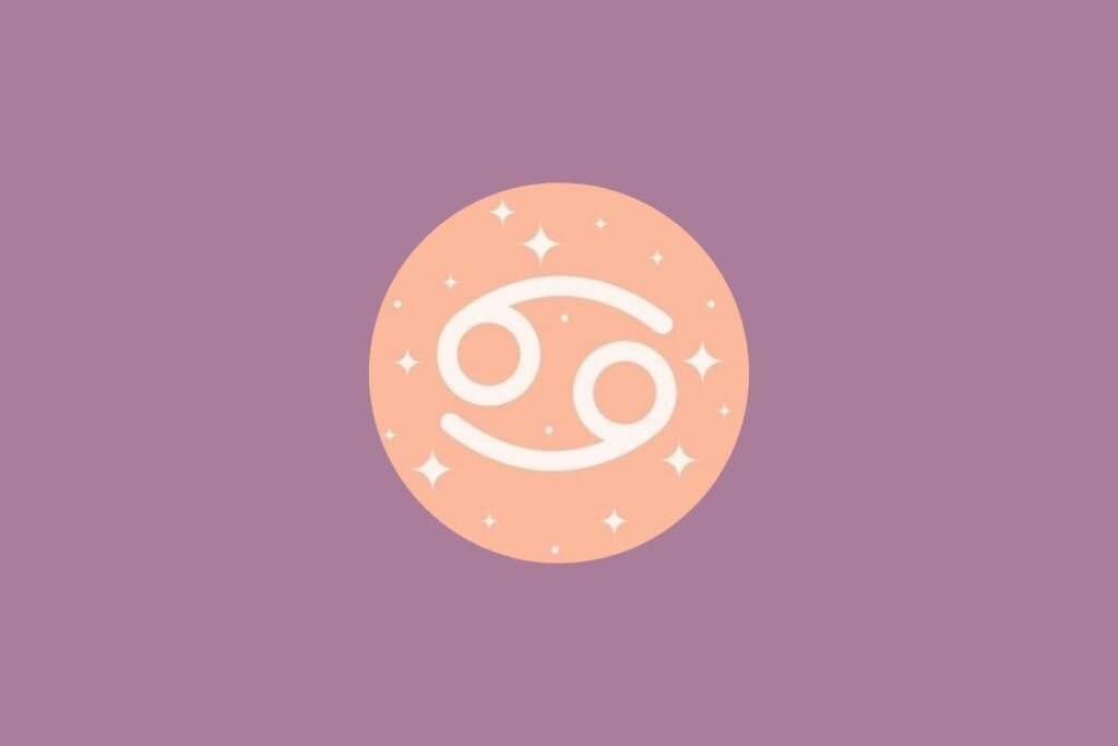 Tarot semanal: previsão para os signos de 06 a 12 de abril de 2026 67 Ilustração do signo de câncer em um círculo laranja com estrelas e em um fundo roxo