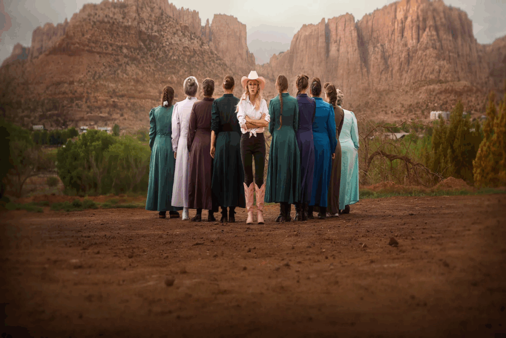 Netflix: lançamentos da semana entre 06 e 12 de abril de 2026 26 Imagem de um grupo de mulheres usando vestidos longos de diversas cores, com uma mulher no meio de frente usando camisa, chapéu e sapato rosa e uma bermuda longa preta e de braços cruzados