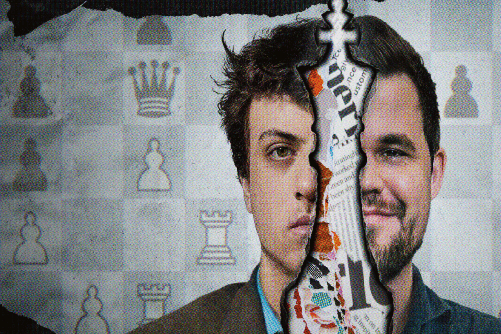 Netflix: lançamentos da semana entre 06 e 12 de abril de 2026 25 Rosto de dois um homens um com uma expressão séria e outro sorrindo divididos por uma peça de xadrez estampada com recortes de jornal