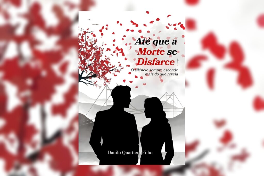 9 livros nacionais prontos para o cinema 46 Capa de livro branca com título e nome do autor escrito em preto, vermelho e branco e imagem de cidade cinza ao fundo com ilustração de um casal em preto e uma árvore com folhas vermelhas ao lado