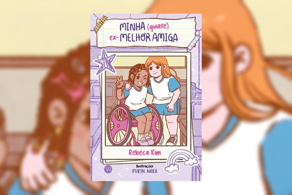 9 livros nacionais prontos para o cinema 41 Capa de livro com fundo roxo, título e nome da autora e ilustrador em roxo e rosa com ilustração de duas meninas usando uniforme escolar e uma delas está na cadeira de rodas
