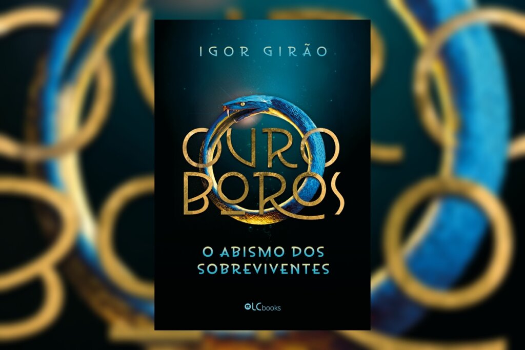 9 livros nacionais prontos para o cinema 44 Capa de livro em tons de azul escuro com o título e nome do autor em tons de dourado e azul, com círculo formado por uma animal mordendo o rabo