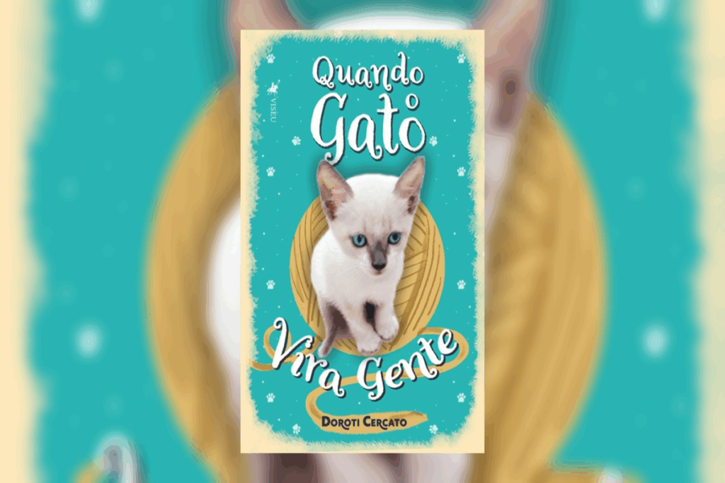 9 livros nacionais prontos para o cinema 45 Capa de livro azul com detalhes em bege, com o título e nome da autora escrito em branco e azul e a imagem de um gato branco no centro e um rolo de lã amarelo ao fundo