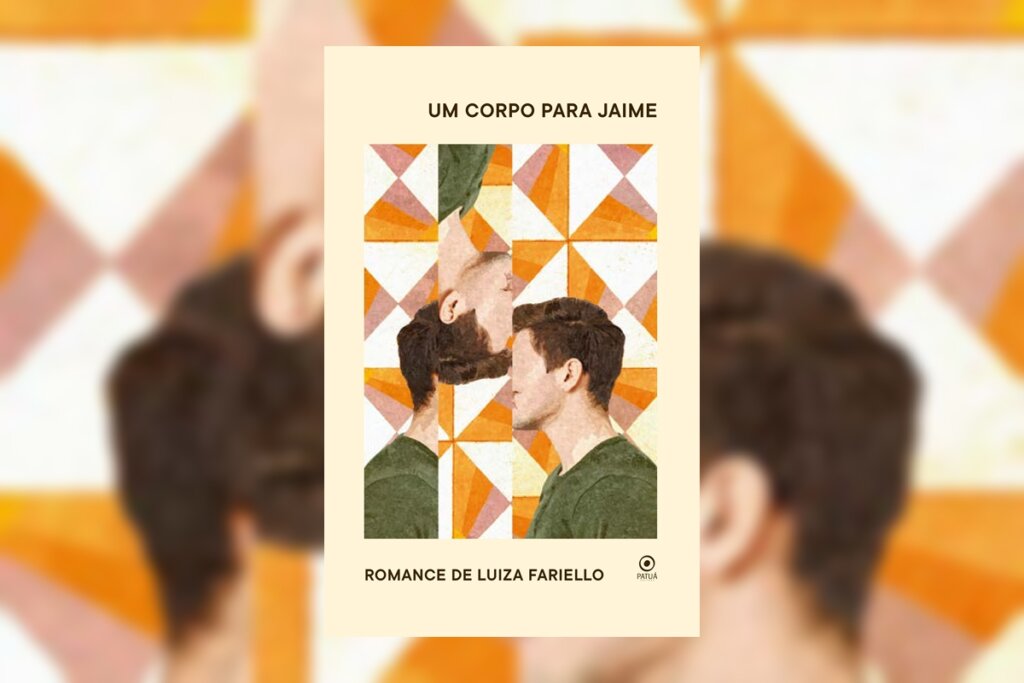 9 livros nacionais prontos para o cinema 42 Capa de livro bege, com fundo com triângulos laranja e branco e ilustração de um homem cortado em três partes, com título e nome do autor escrito em preto