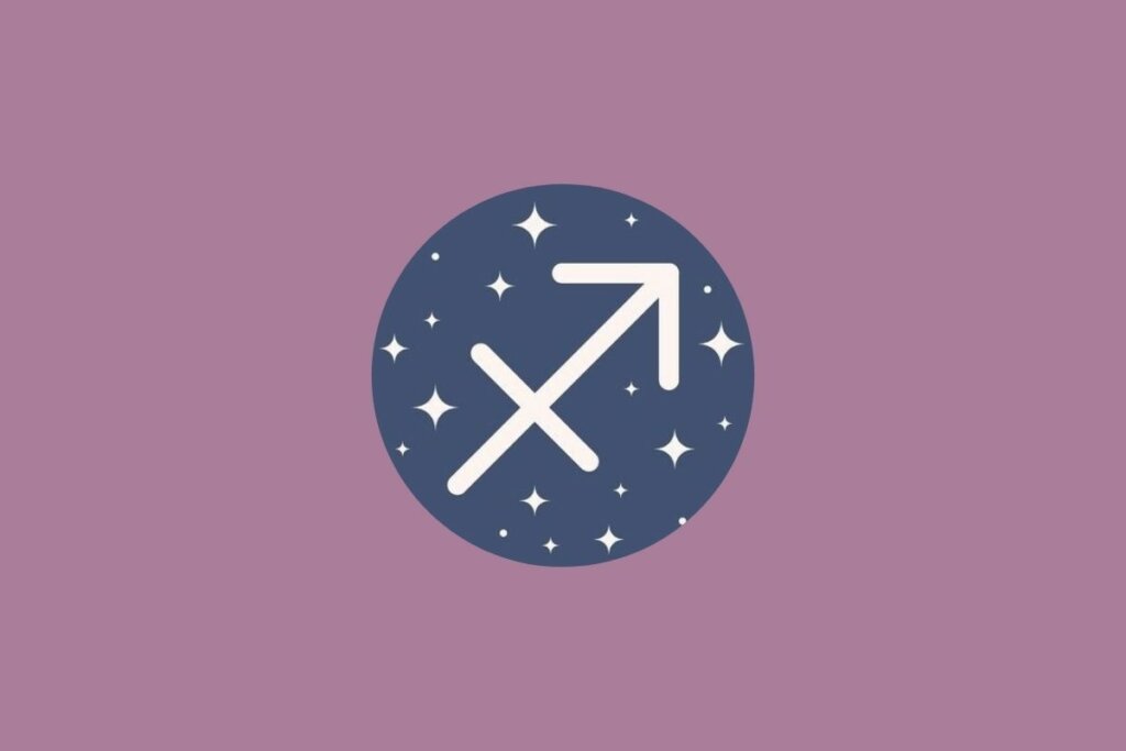 Tarot semanal: previsão para os signos de 06 a 12 de abril de 2026 72 Ilustração do signo de sagitário em um círculo azul e em um fundo roxo