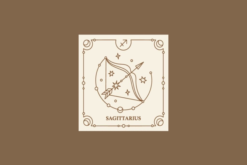 Ilustração do signo de Sagitário em um quadrado bege, com detalhes marrons ao redor, sobre um fundo marrom