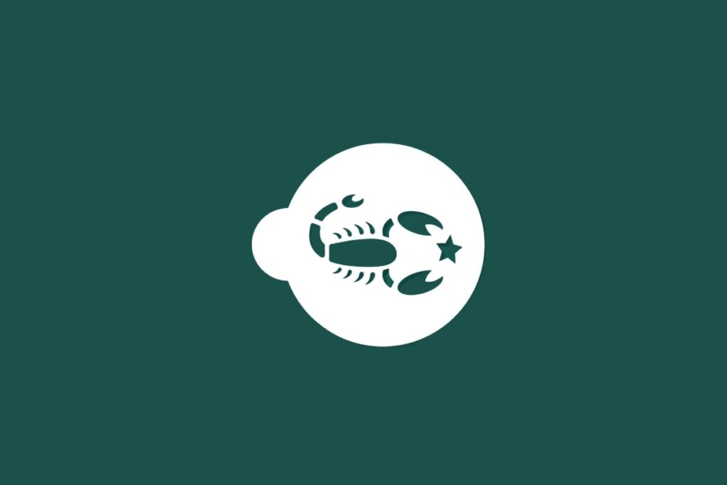 Ilustração do signo de Escorpião contendo um escorpião com estrela em fundo verde-escuro