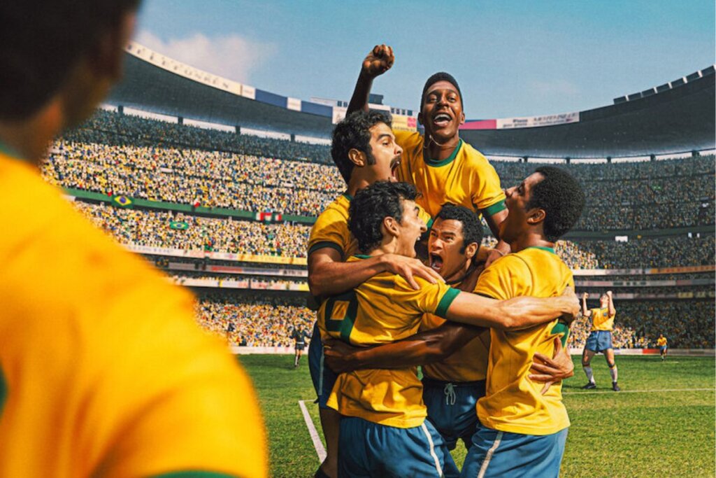 Capa do documentário "Brasil 70: A Saga do Tri", com os personagens comemorando gol 